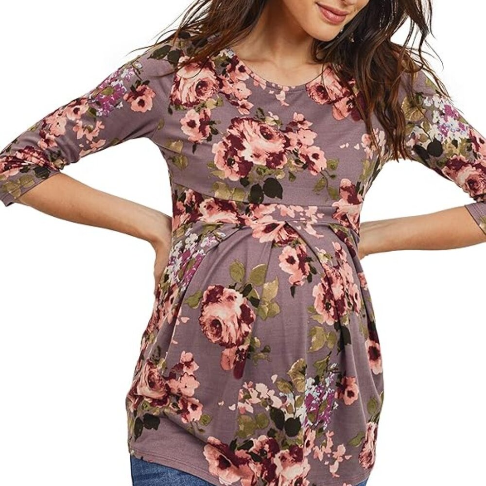 MATERNITY LaClef Women's Peplum Top in Mauve Floral - size small